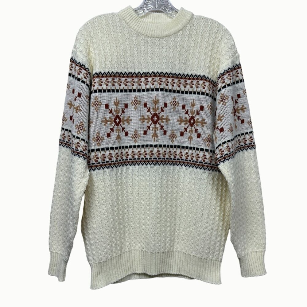 Vintage Silton Nordic Snowflake Sweater Cream Brown Winter Crewneck Men’s XL